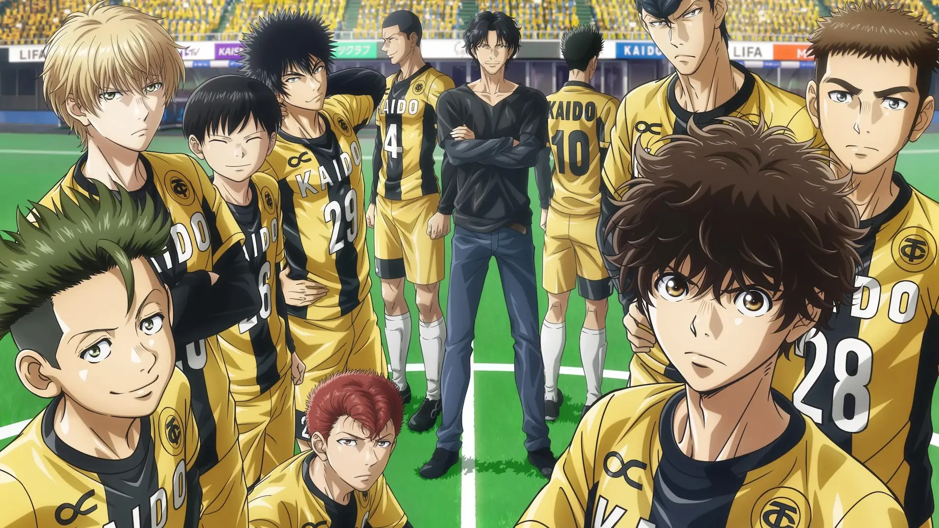 Aoashi Season 2 key visual of Ashito Aoi, Coach Tatsuya Fukuda and the Esperion squad in yellow-and-black kits for the October 4, 2026 release date