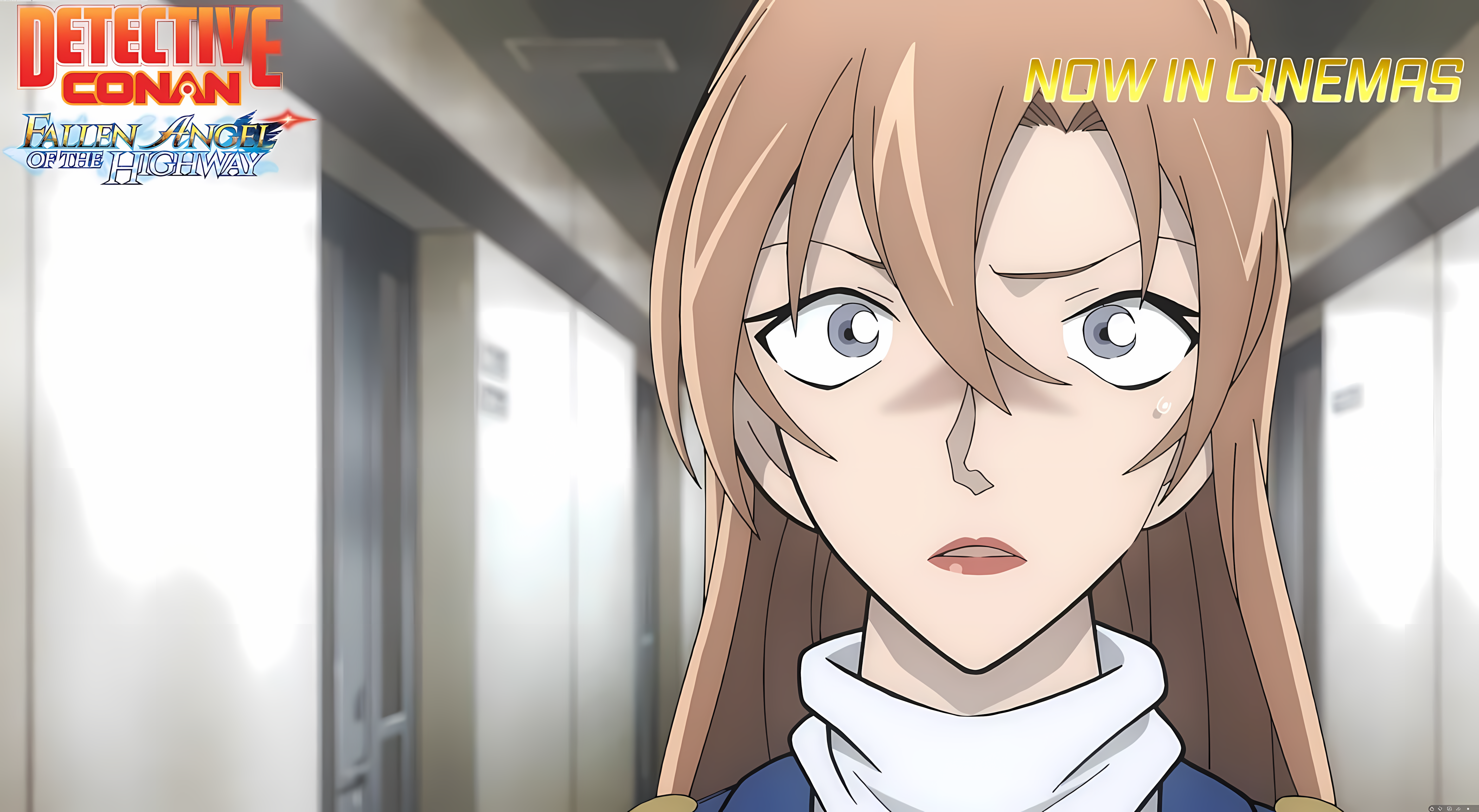 A close-up trailer shot of a startled young woman in Detective Conan Movie 29.
