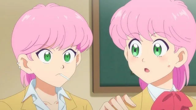 Two classmates react in a classroom scene from High School! Kimengumi 2026