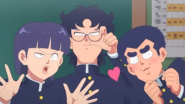 Three Kimengumi members pulling faces in a classroom in High School! Kimengumi 2026