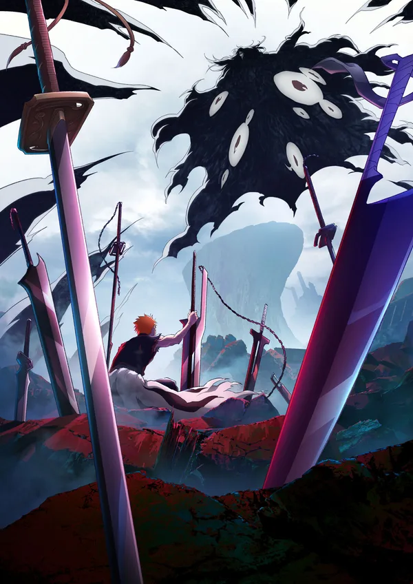 Bleach Thousand-Year Blood War The Calamity key visual: Ichigo Kurosaki among giant broken swords under a dark, many-eyed shadow