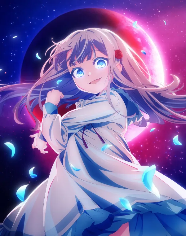 Nia Liston: The Merciless Maiden key visual of Nia smiling in a white dress in front of a huge red moon and glowing blue petals