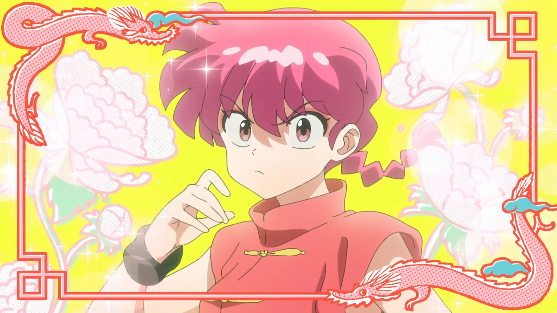 Female Ranma Saotome in her red Chinese shirt framed by pink dragons, the MAPPA remake look for the Ranma 1/2 Season 3 release date on Netflix