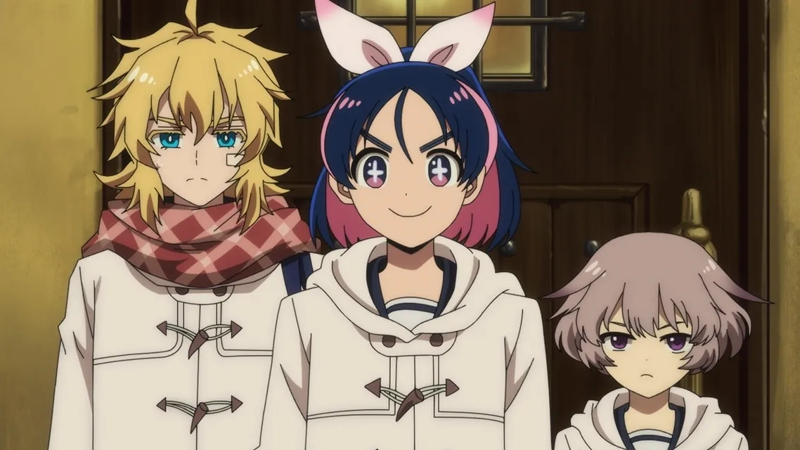 Jogamine with two friends in matching coats in Scum of the Brave