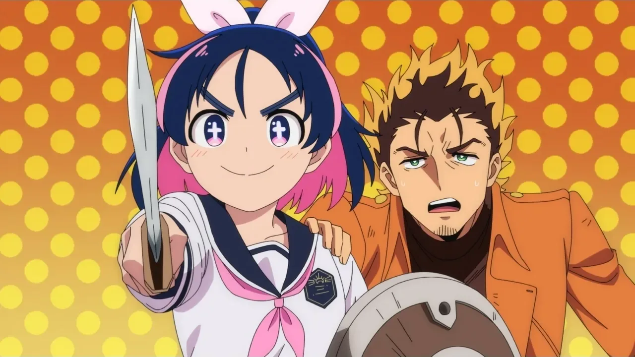 Jogamine holding a knife with Yashiro behind her in Scum of the Brave
