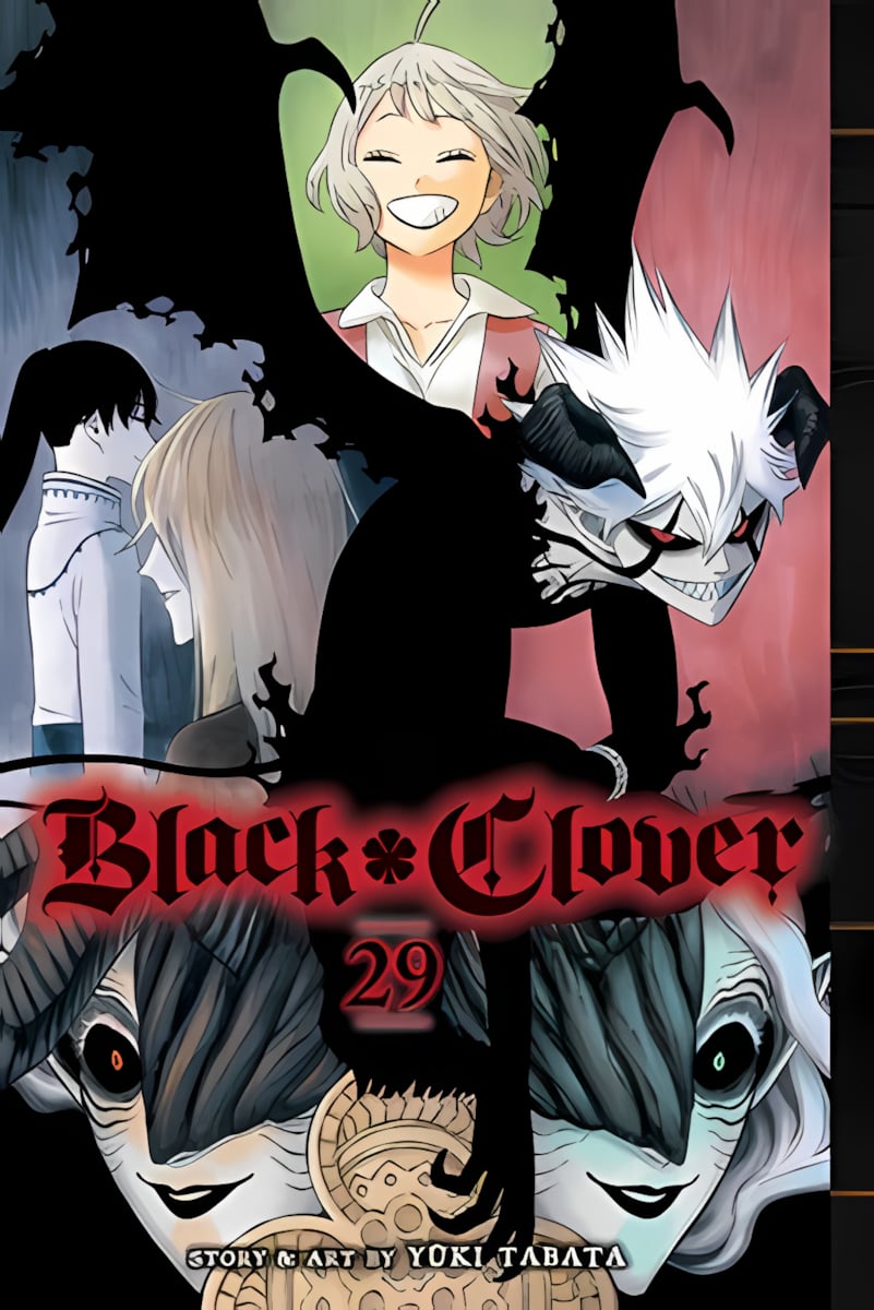 Black Clover volume 29 manga cover with a horned white-haired devil looming over a dark collage