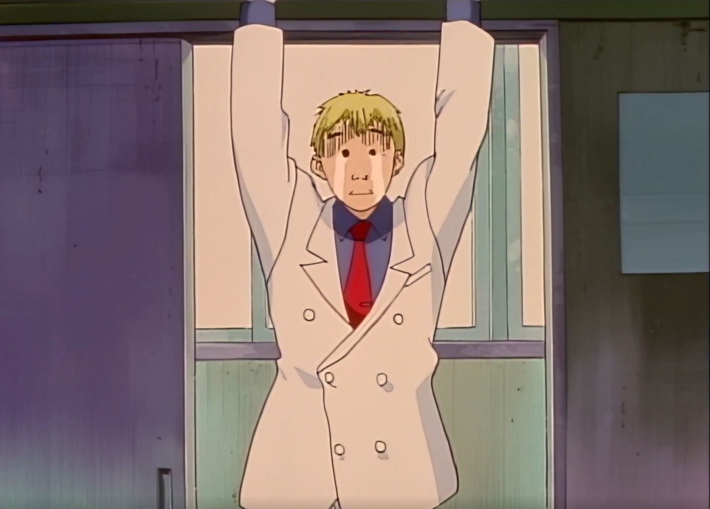 Eikichi Onizuka in his white suit and red tie hanging from a bar in the GTO anime