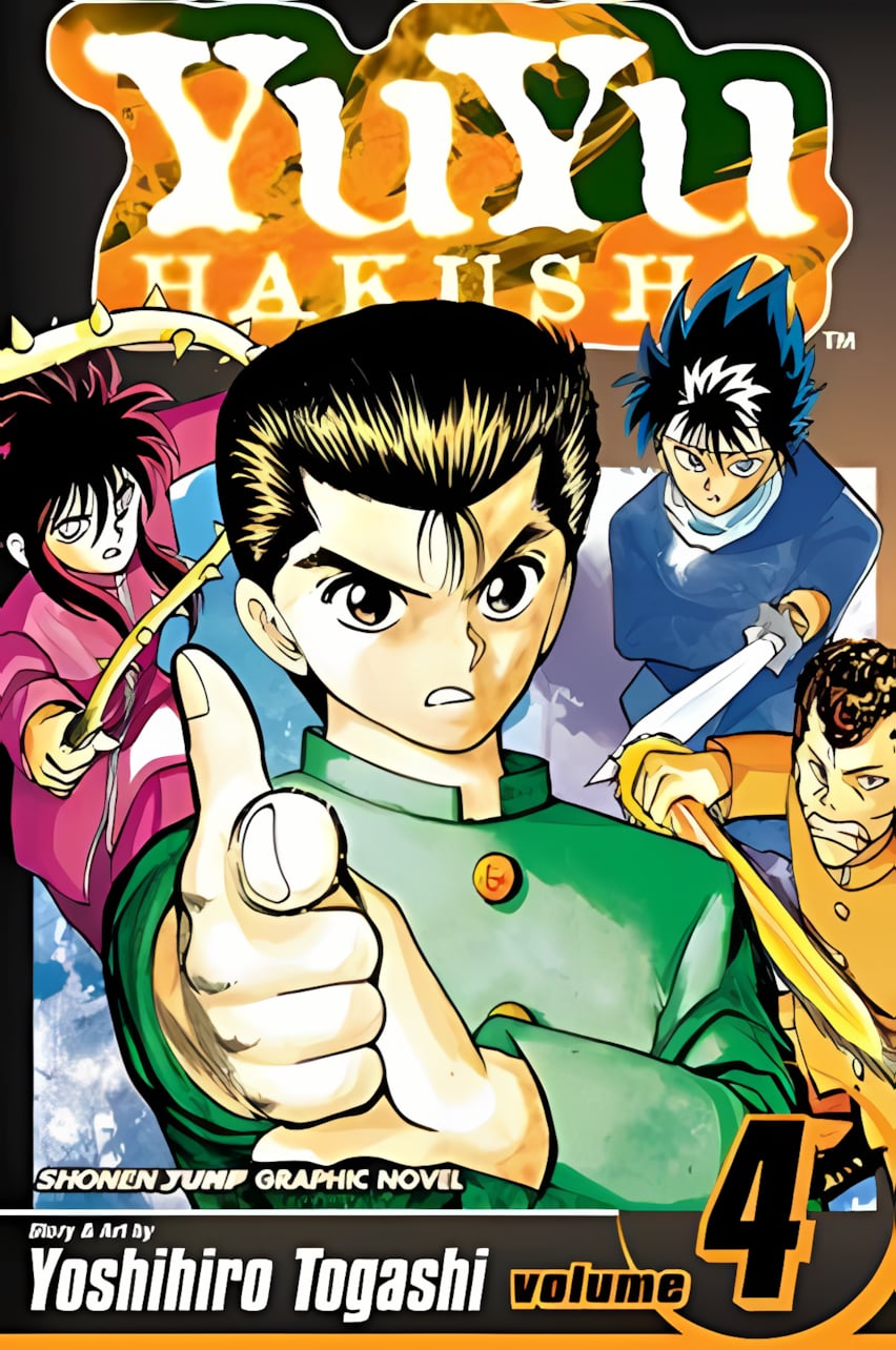 Yu Yu Hakusho volume 4 manga cover with Yusuke Urameshi pointing his spirit gun beside Kurama, Hiei and Kuwabara