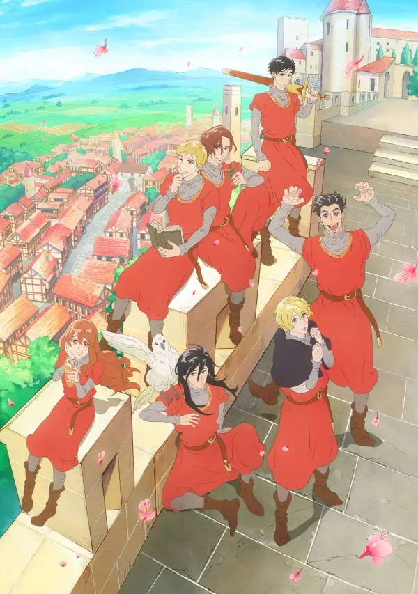 The Seven Knights of the Marronnier Kingdom key visual of the seven brothers and Eleonora in red tunics on a castle wall above a red-roofed town