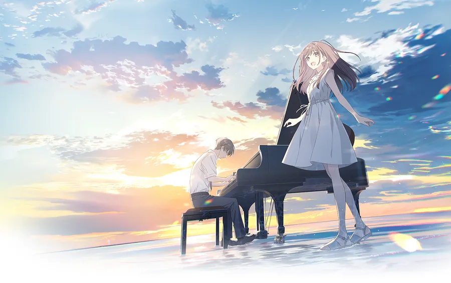 To You in the Beyond key visual with Kazuki playing a grand piano on the beach and Nanao standing at the water's edge