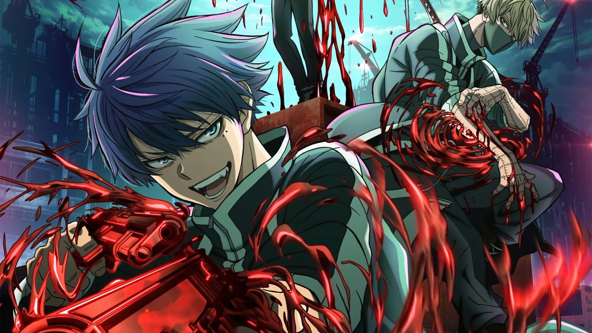 Shiki Ichinose firing a blood-forged gun beside a masked ally in Tougen Anki key art for the Nikko Kegon Falls Arc release date