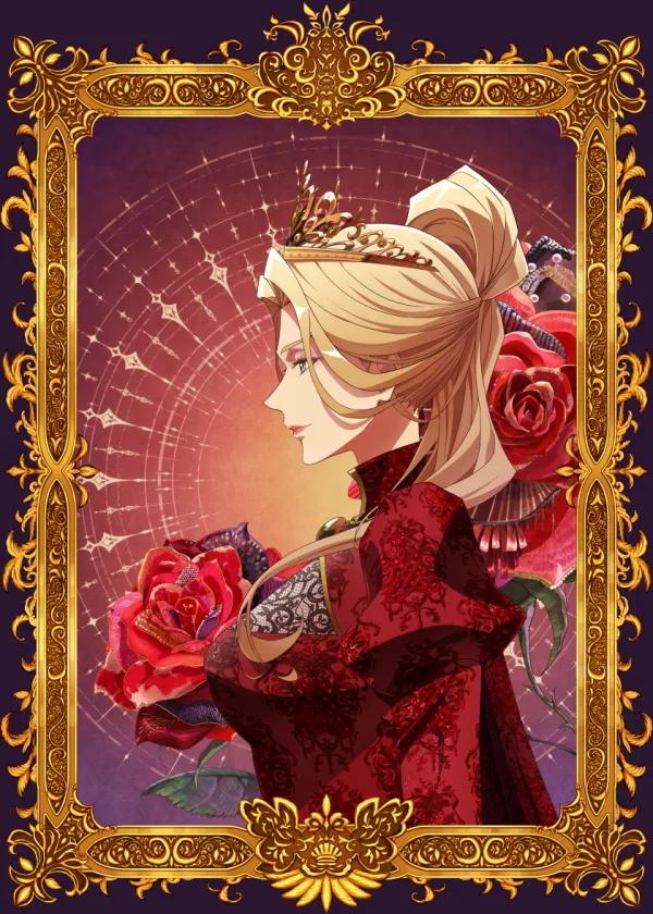The Remarried Empress anime character visual of Empress Navier in profile, wearing a tiara and red dress with roses, in a gold frame