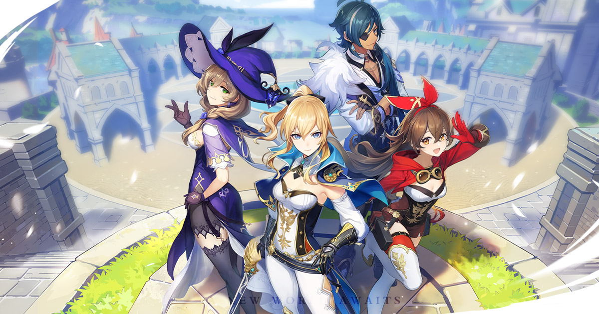 Official Genshin Impact key art collage featuring the game's cast of characters, used as the social-share banner on the official HoYoverse website.