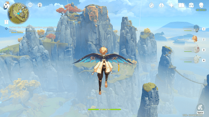 In-game screenshot of the protagonist Aether gliding over mountainous terrain in Genshin Impact, with the world map and party UI visible.