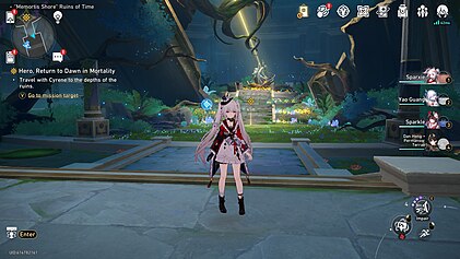 Exploration screenshot from Honkai: Star Rail featuring the character Sparkle in a forest environment, with map and party UI visible.